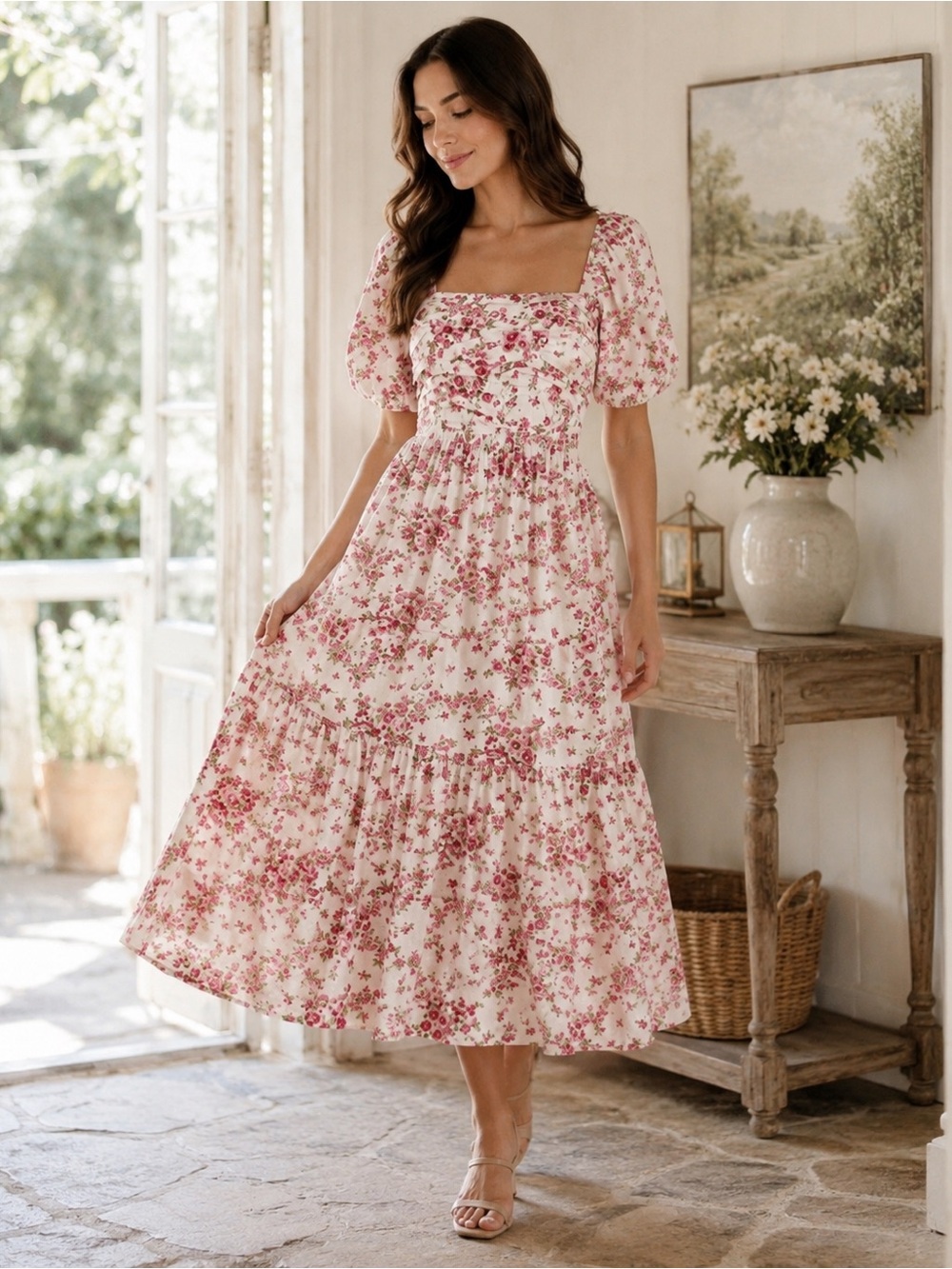 Jessica Simpson Pink Garden Floral Midi Maxi Dress Puff Sleeve Cottagecore S